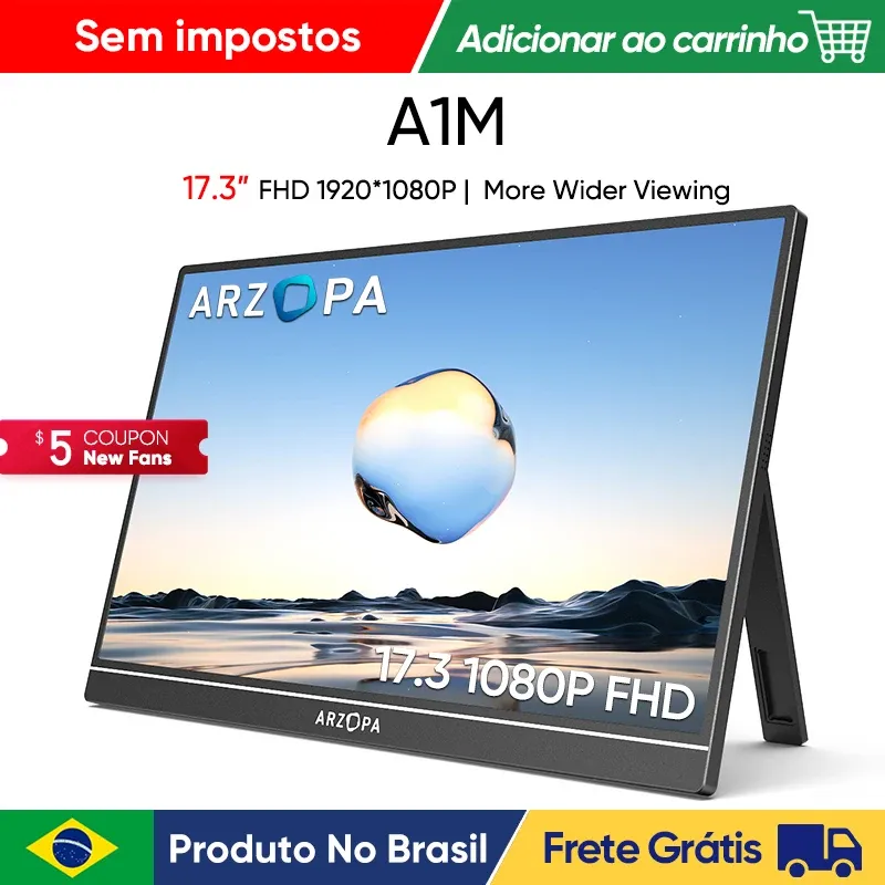 [No Brasil] Novo Arzopa 15.6 Inch Fhd Monitor Porttil 1080p Tela Ips De Exibio Externa Com Usb C Mini Porta Hdmi